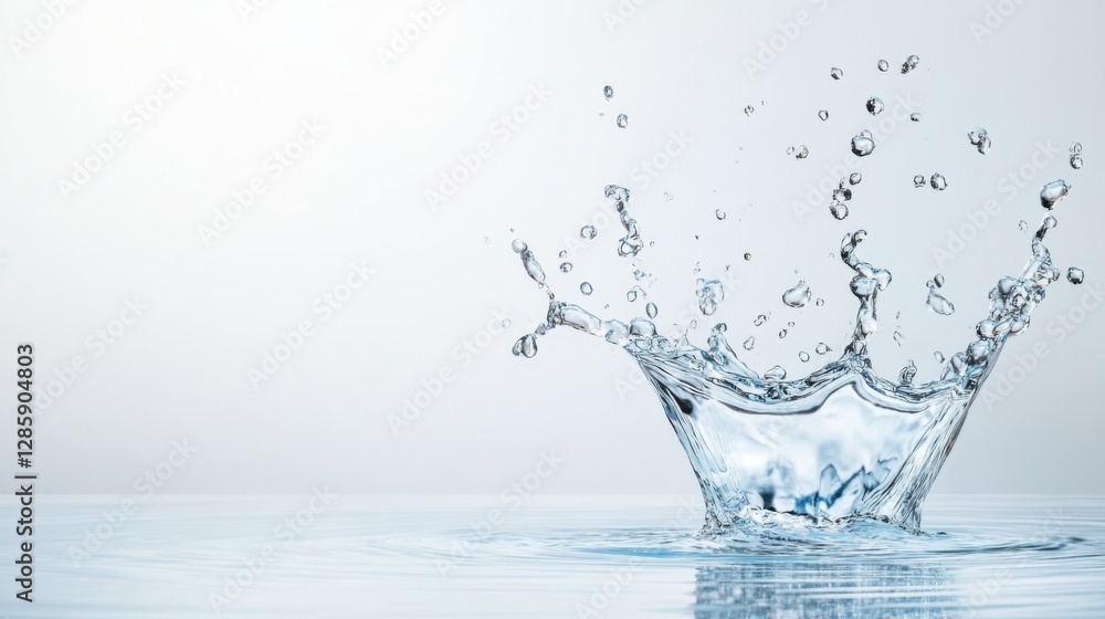 Poster splash of water on calm surface with clear droplets creating ripples and reflections in bright envir