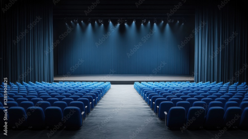 Poster empty theater stage with blue curtains and illuminated spotlights ready for a performance or present