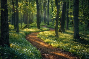 Obraz premium Sunlit path winds through a lush green forest, dappled with wildflowers.