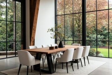 Fototapeta premium Modern dining room with forest view, ideal for interior design inspiration