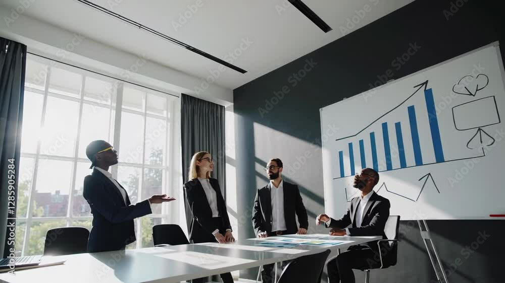 Poster diverse business team reviews a positive growth chart during a meeting in a modern office, captured 