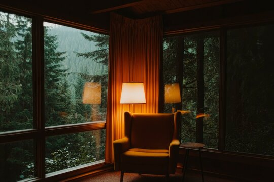 Fototapeta Cozy armchair by window with forest view in cabin