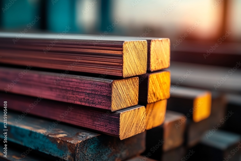 Poster stack of metal bars with a yellow stripe. the bars are stacked on top of each other and are of diffe
