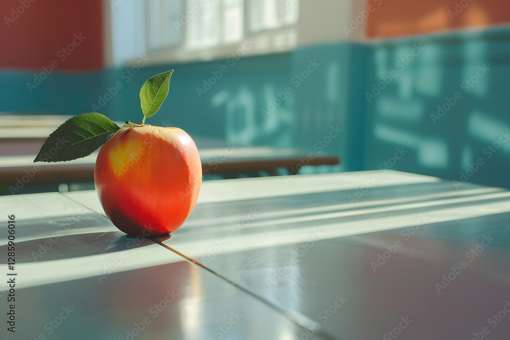 Aufkleber a vibrant red apple resting on a table in a sunlit classroom with colorful walls and shadows