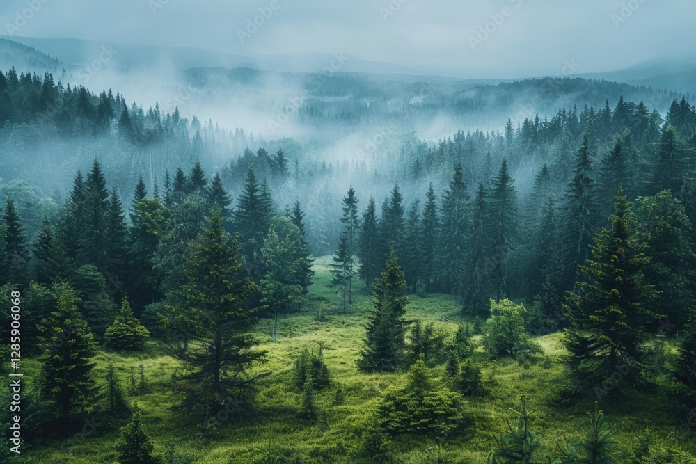 Poster misty mountain forest with lush green meadows and towering evergreen trees creating a serene and mag