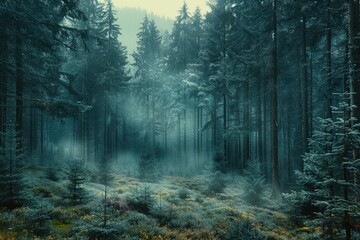 Naklejka premium A misty, ethereal forest scene with tall, dark evergreen trees and a carpet of low-lying vegetation.