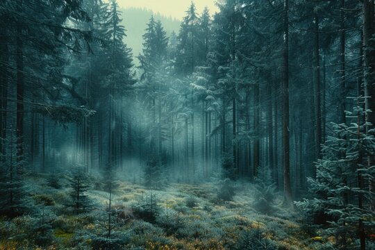 A misty, ethereal forest scene with tall, dark evergreen trees and a carpet of low-lying vegetation.