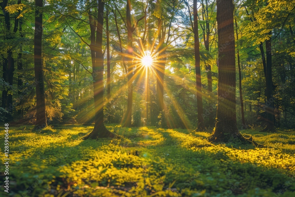 Poster sunbeams illuminate a lush green forest floor, sunlight filtering through tall trees creating a magi