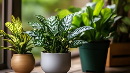 Three potted plants sit on a windowsill, each with a different type of leaf. The plants are arranged in a row, with the tallest one in the middle and the shortest one on the left