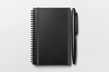 A sleek black notebook with a spiral binding and a black pen resting beside it, set against a minimalist background.