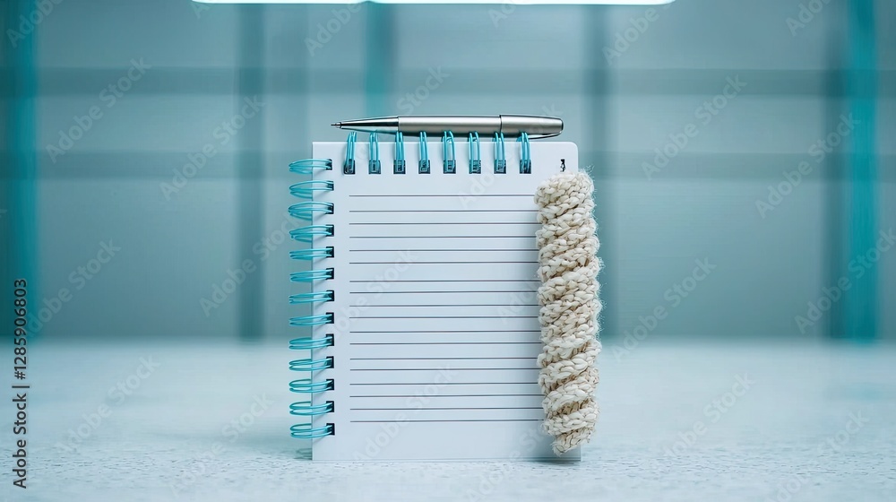 Poster a minimalist notebook with a unique spiral binding and a textured cover, placed on a smooth surface 