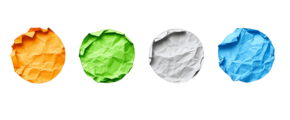 Colorful textured circles: orange, green, white, blue paper design on transparent background