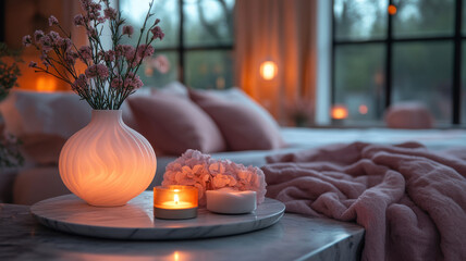 A marble tray holds a vase with soft pink and white swirls, glowing in golden light, while candles flicker nearby, with a cozy pastel bedroom and pink pillows creating a serene, elegant atmosphere.