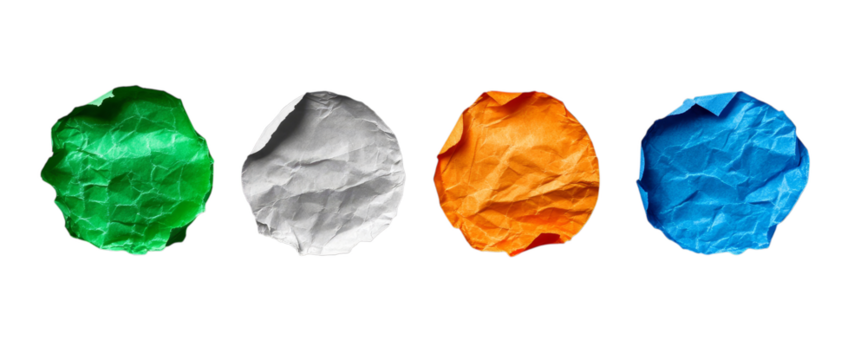 Multicolored crumpled paper balls on transparent background