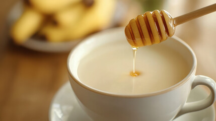 Aromatic and Golden Honey Drizzled Gracefully into a Cup of Milk Tea Infusing Warmth and Sweetness with Delicate Bananas in the Background Offering a Healthful Indulgence