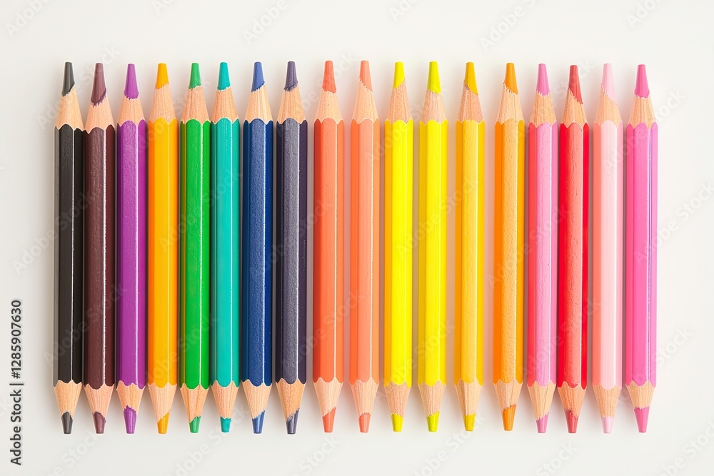 Poster a vibrant array of colored pencils arranged neatly in a row, showcasing a spectrum of hues from dark