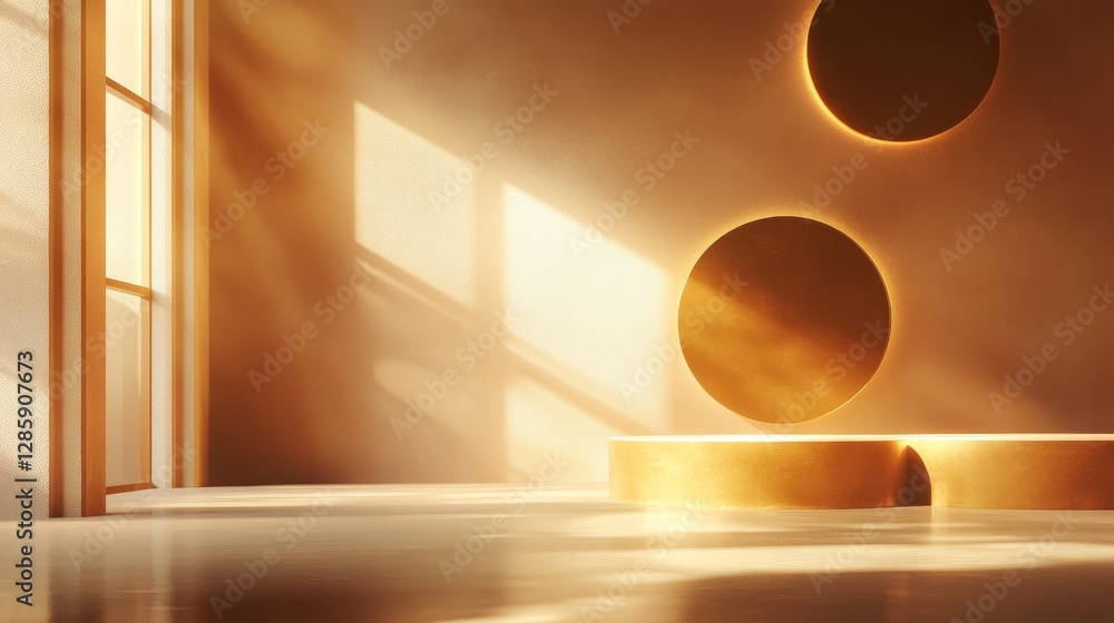 Poster light streams into a room with golden circles and platforms