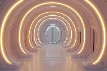 Obraz premium Futuristic white hallway with glowing lights, ideal for sci-fi projects