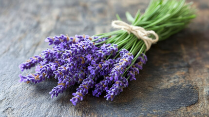 Aromatic Lavender Bouquet: A Close-Up Still Life with Purple Flowers Tied with Twine on a Textured Gray Surface Displaying Serenity and Natural Beauty