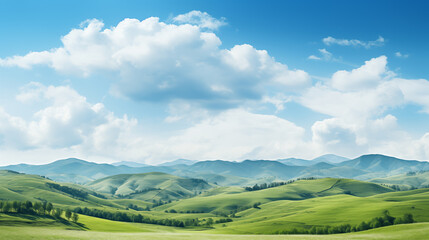 Obraz premium Field with flowers and blue sky blue, background. Hills and green grass, rural landscape meadows