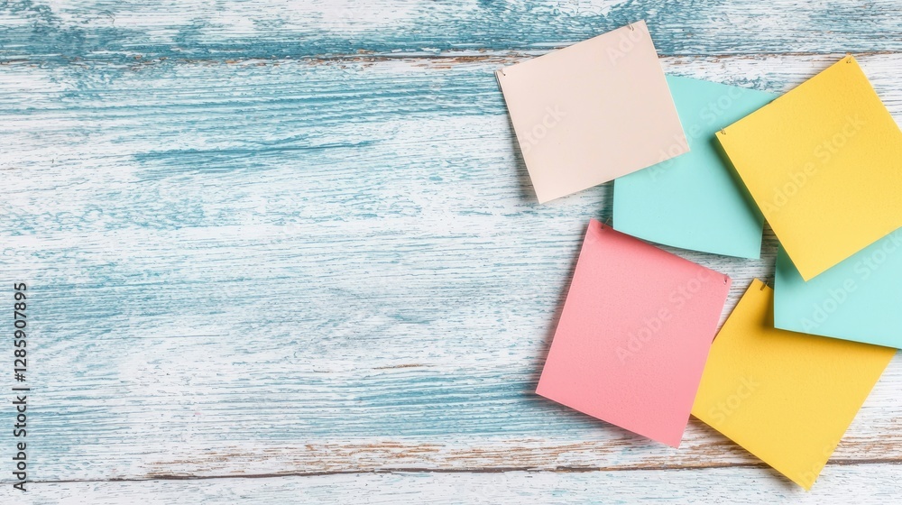 Poster a collection of colorful sticky notes arranged on a rustic wooden surface, creating a vibrant and or