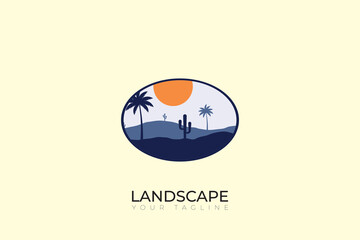 Simple desert logo with cacti and palm tree in oval shape, in blue color