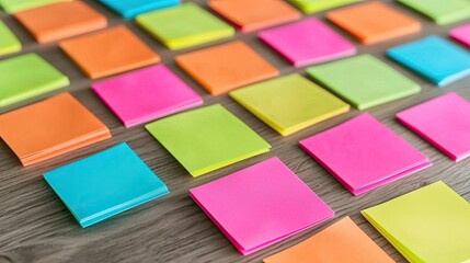 A vibrant arrangement of colorful sticky notes on a wooden surface, showcasing a mix of pink, green, orange, and blue squares.