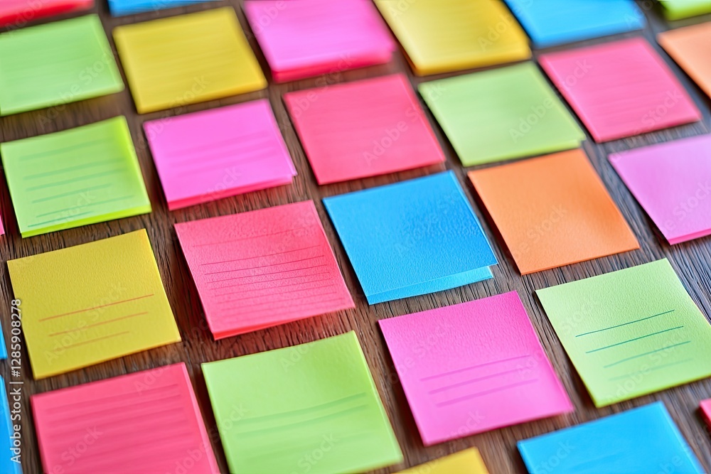 Poster a colorful array of sticky notes in various hues arranged neatly on a surface, ideal for reminders a