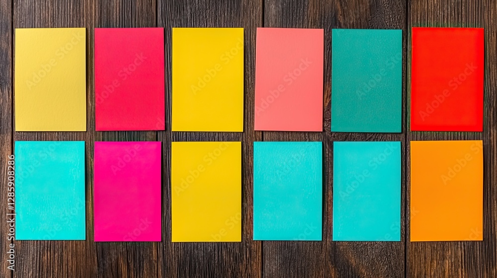 Poster a vibrant arrangement of colorful sticky notes on a wooden surface, showcasing a variety of hues in 