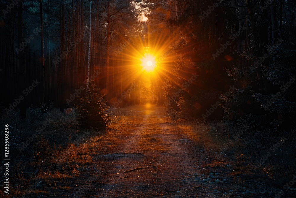 Poster sun rays burst through a dark forest path, illuminating the way with golden light.