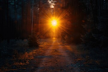 Sun rays burst through a dark forest path, illuminating the way with golden light.