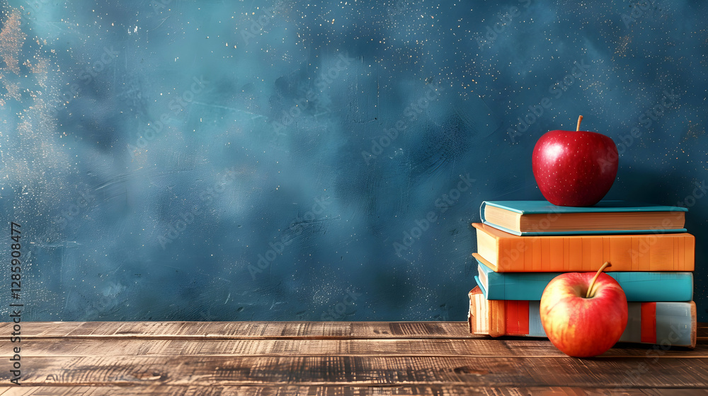 Poster a stack of colorful books topped with a shiny red apple against a textured blue background