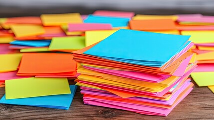 A vibrant collection of colorful sticky notes stacked on a wooden surface, showcasing various bright hues like blue, pink, yellow, and orange.