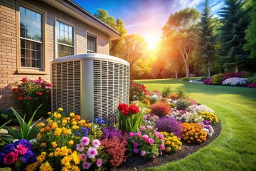 Air Conditioner & Vibrant Flowers in Landscaped Yard - Summer Cool Stock Photo