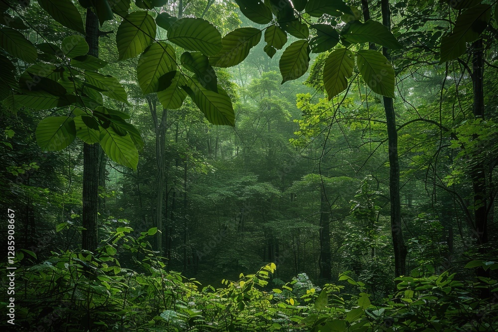 Poster a lush, green forest scene with sunlight filtering through the dense canopy, creating a mystical atm