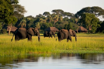 Fototapeta premium Elephants graze in lush grassland by tranquil river at sunrise