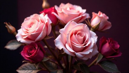 A delicate bouquet of blush pink and deep crimson roses, artfully arranged, showcasing the soft texture and vibrant hues of these exquisite blooms against a rich, dark backdrop.