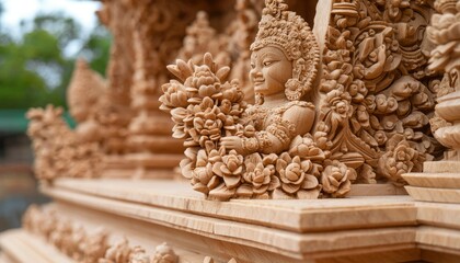 Fototapeta premium Wooden carving of deity with flowers, temple detail, spiritual art