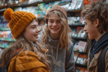 Fototapeta premium Three teenagers engage in a lively discussion in a colorful store, surrounded by various products. Their warmth and joy create a friendly atmosphere, highlighting youthful connections
