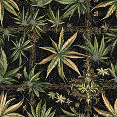 Seamless pattern art illustration of green cannabis geometric garden marijuana leaves on black background motion, tumbling, gradient color effect, depth and vitality shades of green color hues
