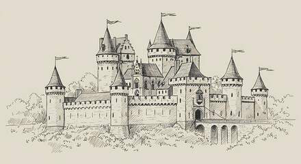 Fototapeta premium Hand-drawn Illustration of a Majestic Medieval Castle