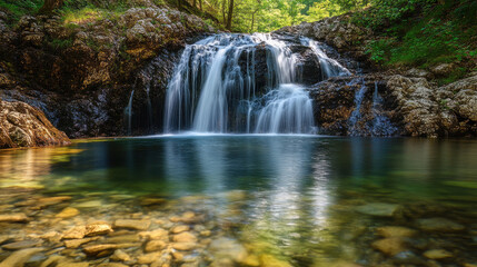 Captivating waterfall cascading into a pristine pool with crystal-clear water and lush green surroundings creating a peaceful natural landscape