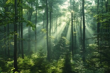 Naklejka premium Sunbeams pierce a misty green forest, illuminating tall trees and lush undergrowth.