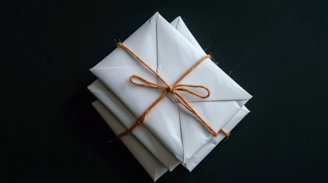 Stacked letters tied with string on dark background for mailing