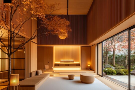 Modern wooden interior with garden view, ideal for relaxation or hospitality