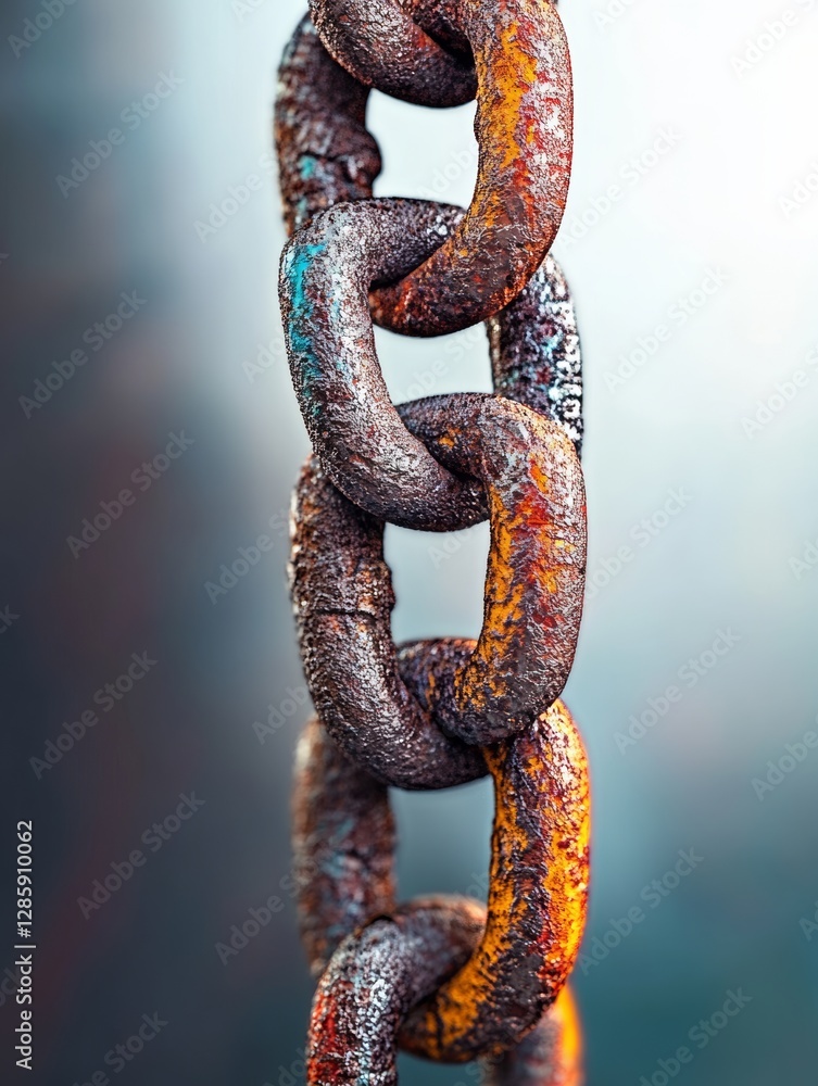 Poster chain is shown in a close up, with the links being rusty and the chain itself being worn. concept of