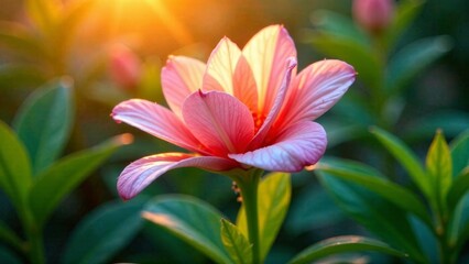 Fototapeta premium A Pink Flower Blossom Bathed in Golden Sunlight, Its Delicate Petals Unfurling in the Warm Glow of the Setting Sun