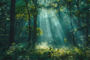 Obraz premium Sunbeams pierce a mystical, fog-laden forest, illuminating the lush green canopy and undergrowth.