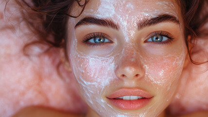 In a spa, a beautician applies a white mask with a brush for a cosmetic facial treatment, viewed from above, with ample space, highlighting the beauty and health industry services.