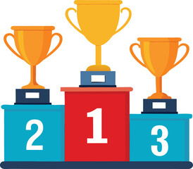 Winners podium with trophy cups